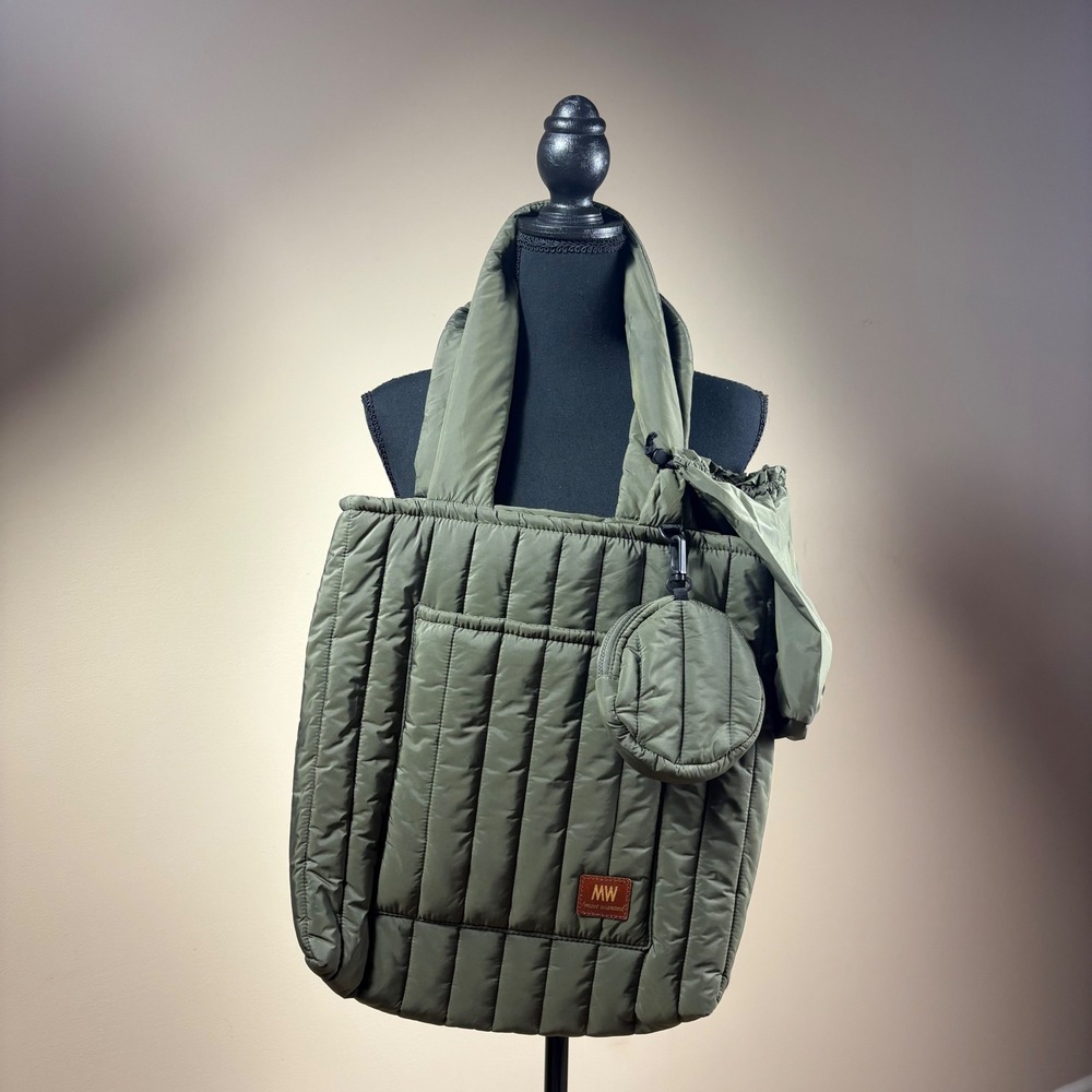 MW Most Wanted‎ Puffer Tote Bag Olive Green Quilted Nylon Pouch Included